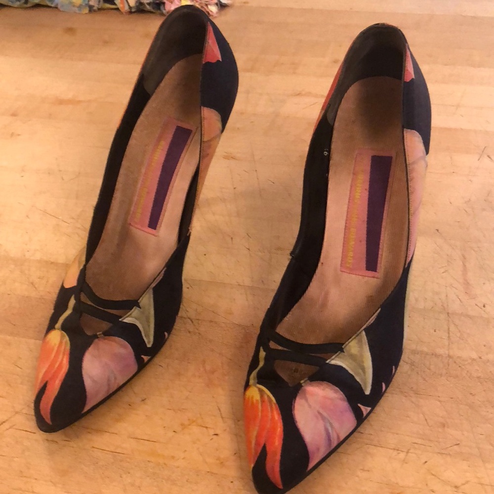 Black, pink, red and green floral high heels